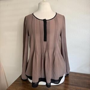 Spense Brown Long Sleeve Blouse with Black Trim and Button Detail
